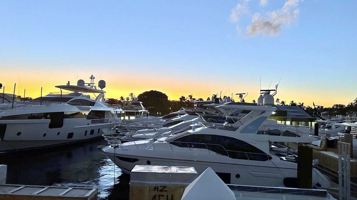 Marina at sunset with yachts docked, Fort Lauderdale